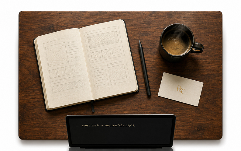 A workspace with sketched wireframes, a coffee, a P&C card, and a line of JavaScript reading 'const craft = require(\'clarity\');'