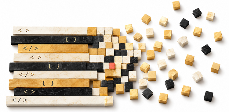 Marble and gold code blocks dissolving into a mosaic of pixels