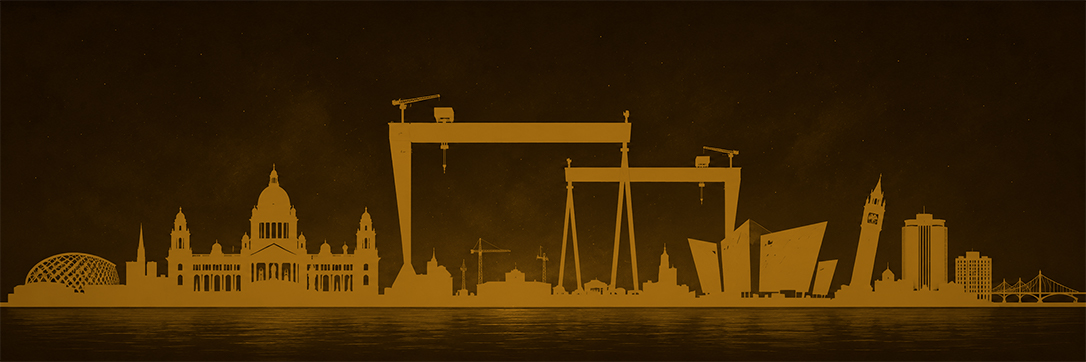 Belfast skyline silhouette — Samson and Goliath cranes, City Hall, Titanic Belfast, Albert Memorial Clock
