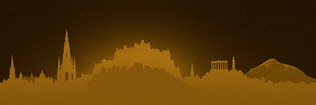 Edinburgh skyline silhouette — the Castle, Arthurs Seat, Scott Monument, Calton Hill columns