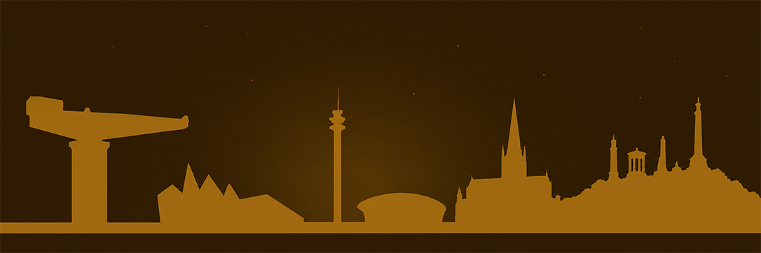 Glasgow skyline silhouette — Finnieston Crane, Glasgow Tower, Riverside Museum, Glasgow Cathedral