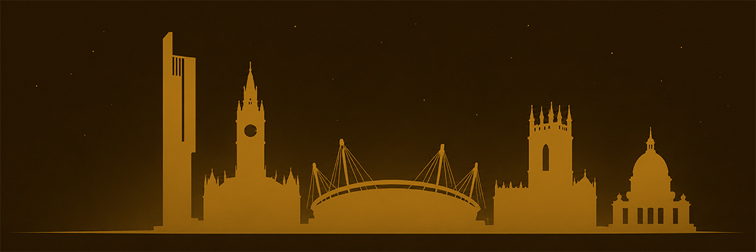 Manchester skyline silhouette — Beetham Tower, Town Hall, Royal Exchange, cathedral