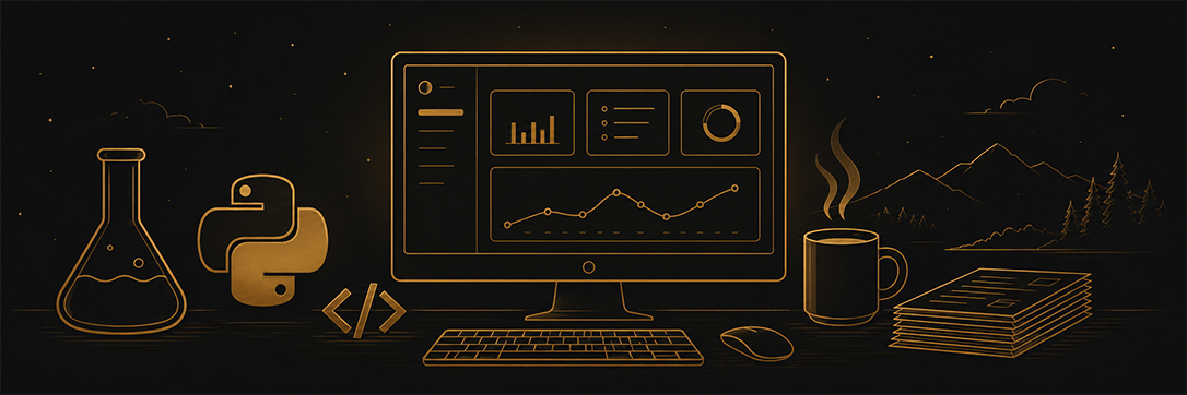 Flask Python development — silhouette of a desktop dashboard with code, charts and Python motifs